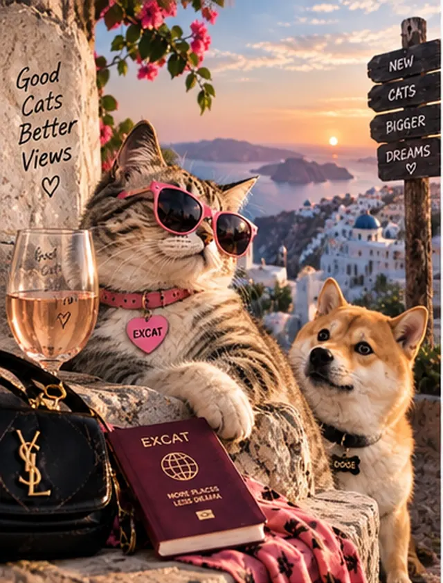 EXCAT enjoying Santorini while DOGE looks on
