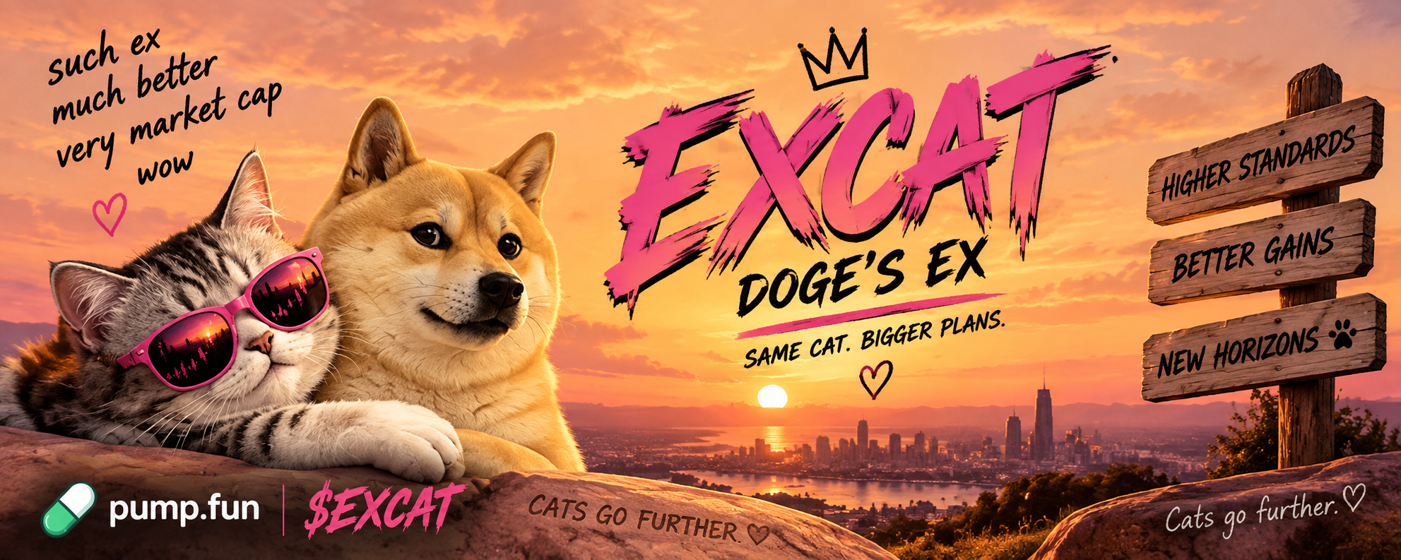 EXCAT in pink sunglasses beside DOGE at sunset