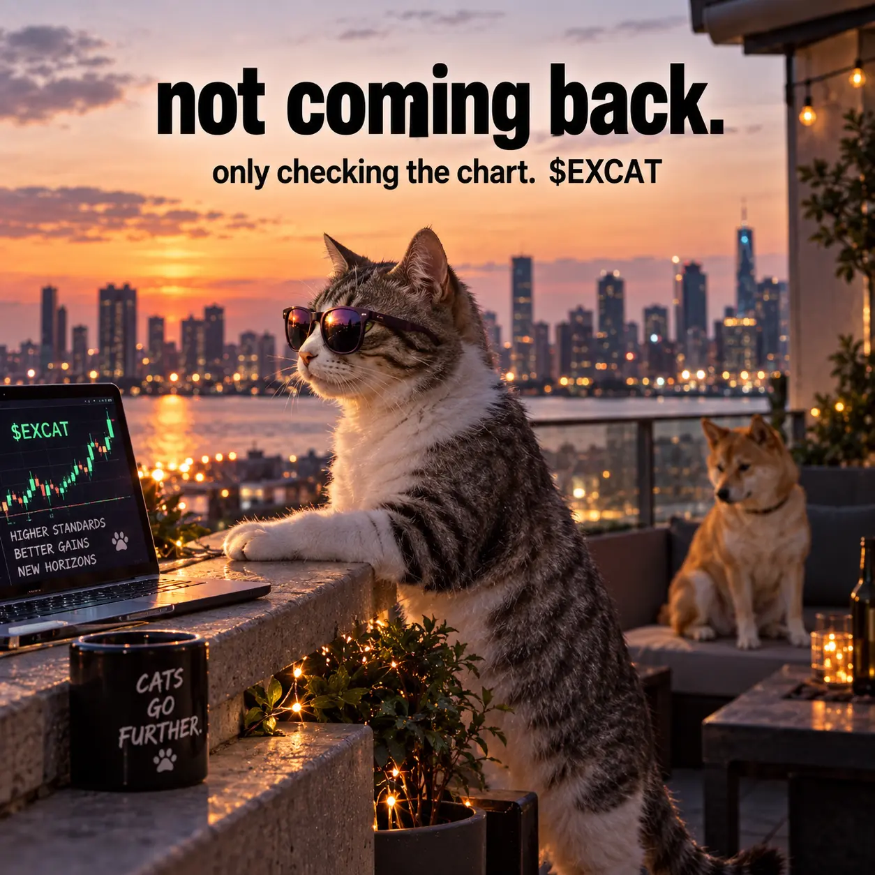 EXCAT checking the chart on a rooftop while DOGE watches