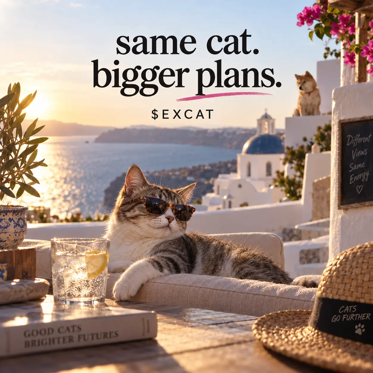 EXCAT relaxing in Santorini while DOGE watches from behind